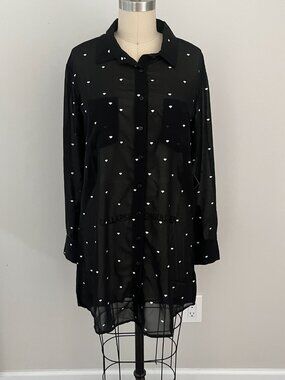 Diamond Supply Co. Black Lustrous Sheer Heart Diamond Print Button Up Dress S